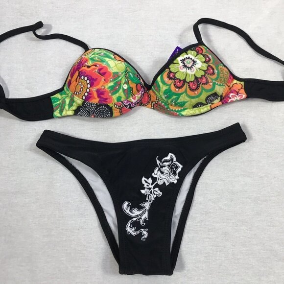 Recco Size Small Brazilian Floral Top & Black with White Stitching Bottom. New - Picture 2 of 5